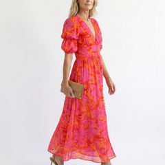 Naomi Floral V Neck Puff Sleeve Midi Dress