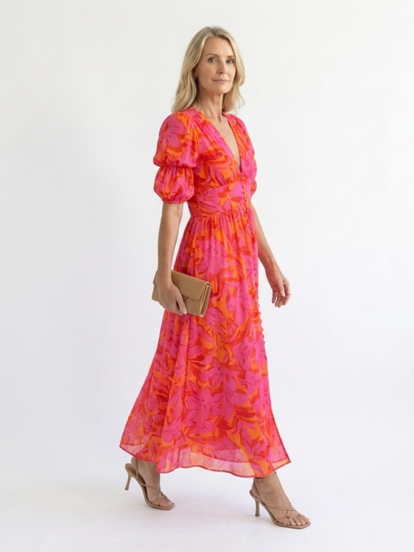 Naomi Floral V Neck Puff Sleeve Midi Dress