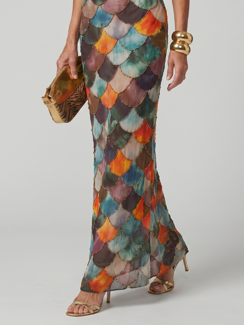 Larkin Fitted Multicolor Scale Pattern Maxi Dress
