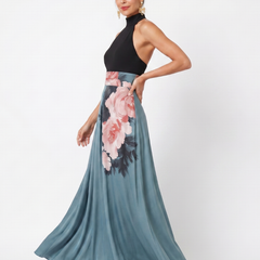 Olympas Halter Bodice Floral Skirt Maxi Dress