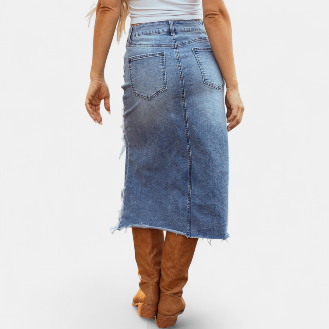 Back view of the Blake denim maxi skirt