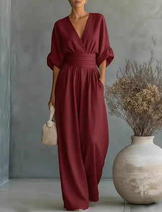 Elodie wide-leg linen jumpsuit in wine red