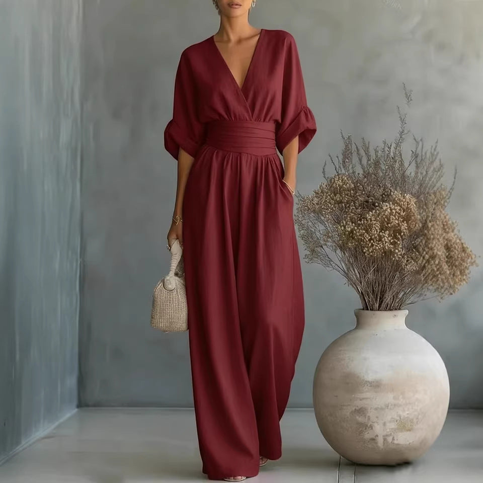 Elodie wide-leg linen jumpsuit in wine red