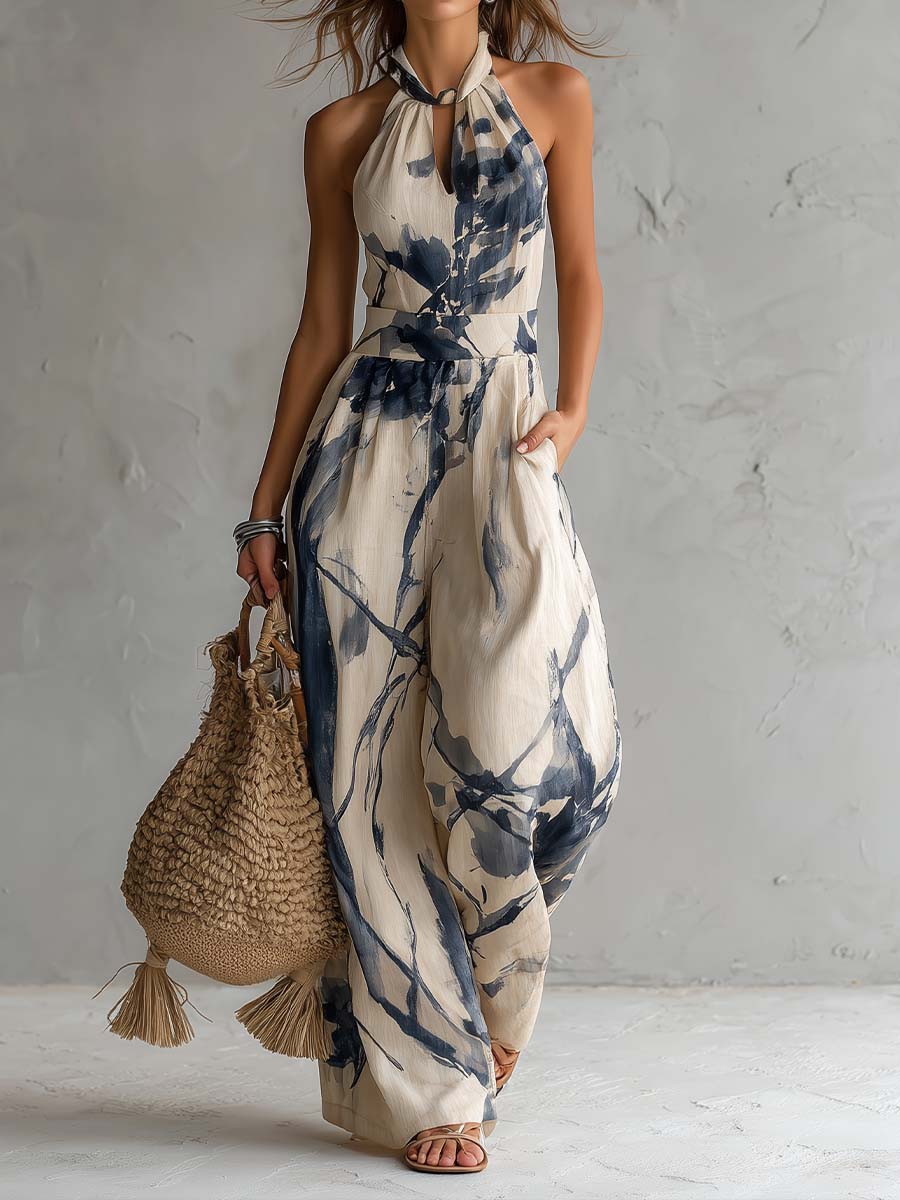 Sabryna Jumpsuit Ink Wash Halter Wide-Leg Jumpsuit with Pockets