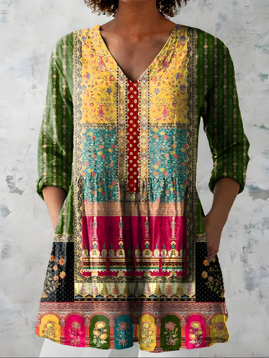 Melody printed long blouse with V-neckline
