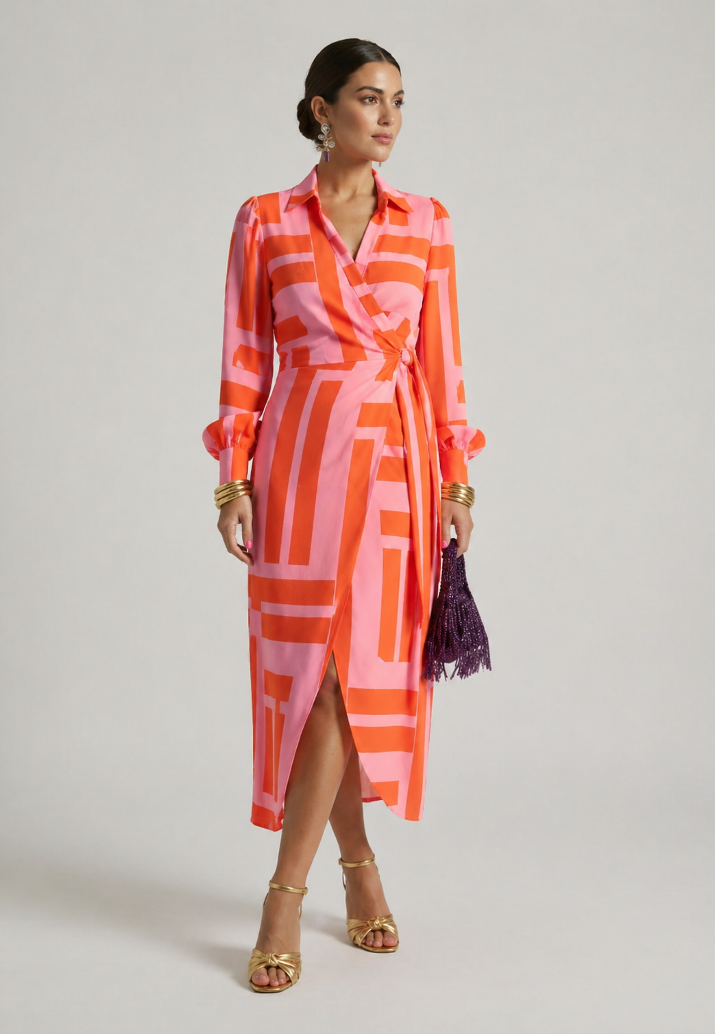 Elvina Printed Wrap Dress with Collared Neckline