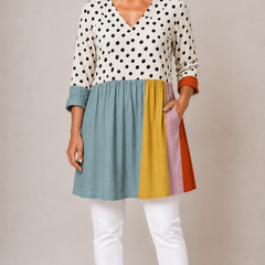 Multicolour printed long blouse with V-neck, front view