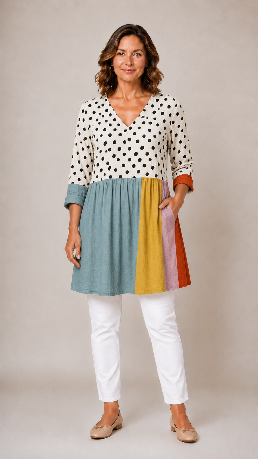 Multicolour printed long blouse with V-neck, front view