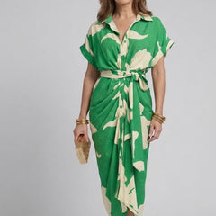 Tahlia Elegant Casual Dress, Flowy V-Neck Tie-Waist Midi Dress
