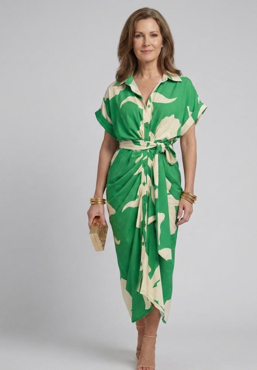 Tahlia Elegant Casual Dress, Flowy V-Neck Tie-Waist Midi Dress