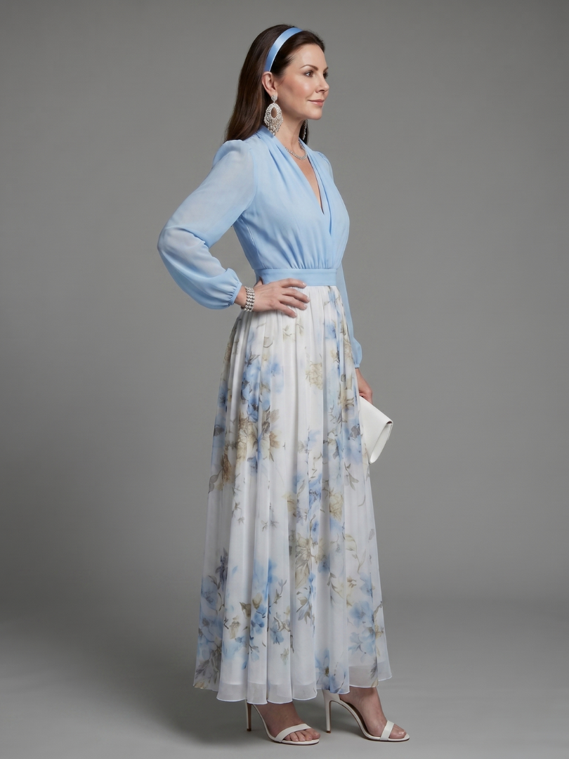 Augusta V Neck Sheer Bodice Floral Maxi Dress