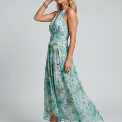Portia Pleated Halter Soft Floral Pattern Midi Dress