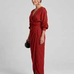 Fable Long Sleeve Wrap Overlap Skirt Midi Dress