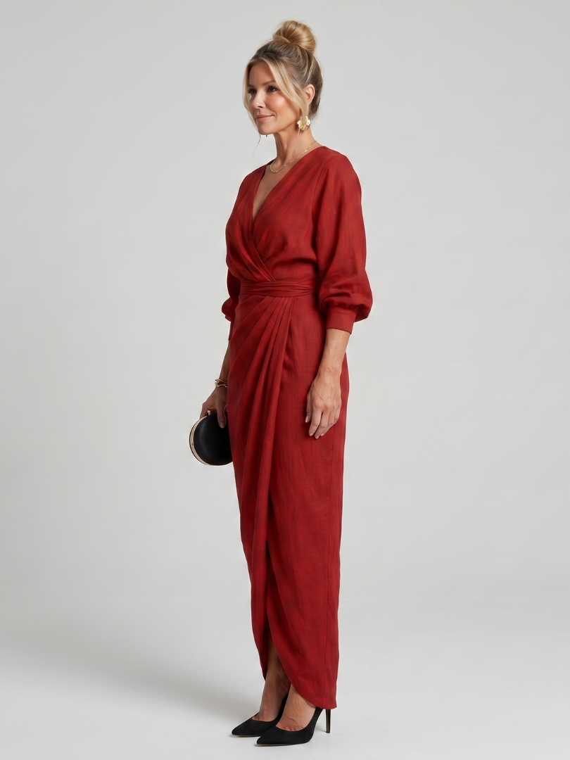 Fable Long Sleeve Wrap Overlap Skirt Midi Dress