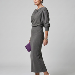 Ursula Draped Neckline Fitted Skirt Midi Dress