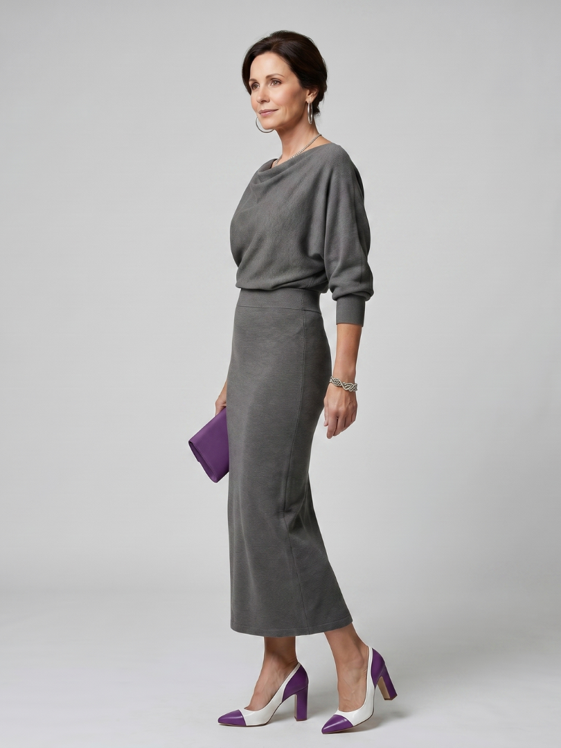 Ursula Draped Neckline Fitted Skirt Midi Dress