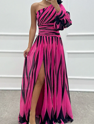 Shiloh Elegant Striped Maxi Dress With One Shoulder