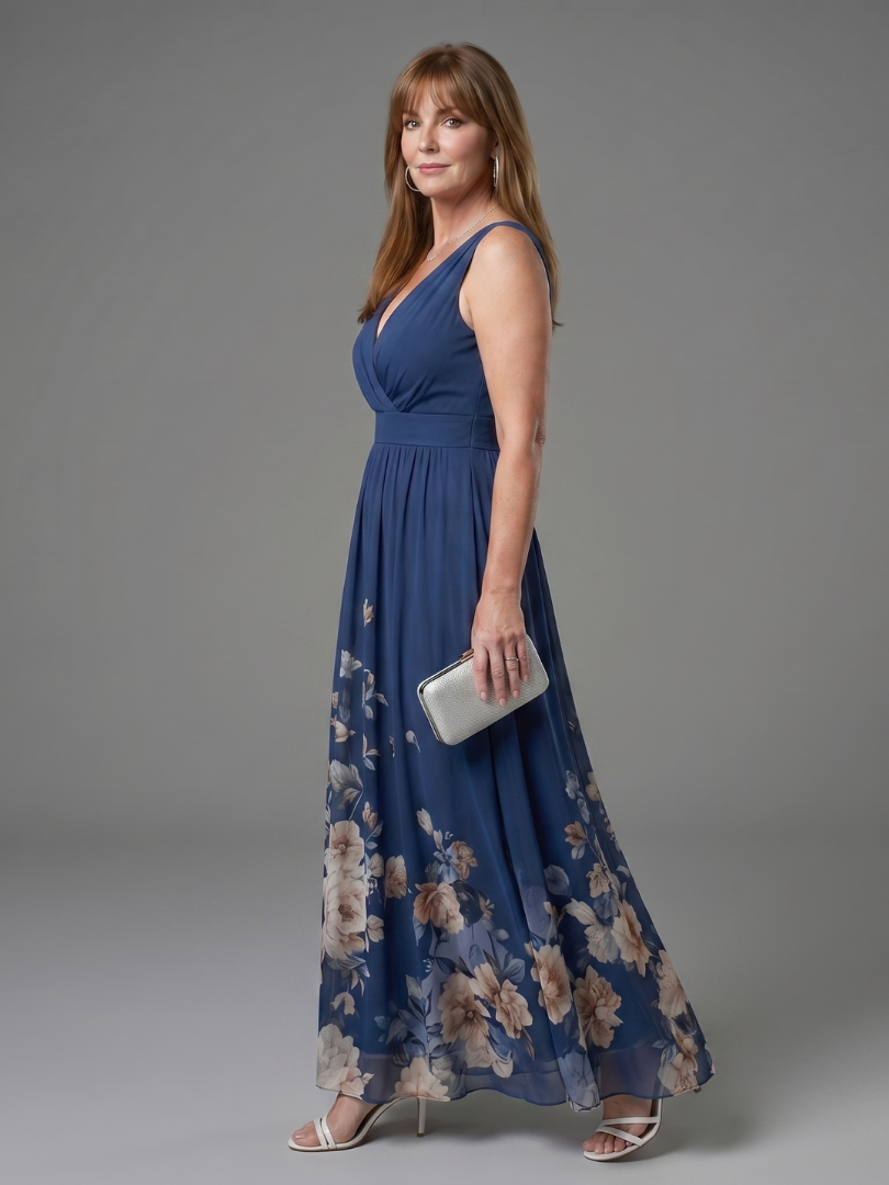 Valentina Sleeveless V Neck Soft Floral Hem Midi Dress