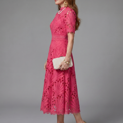 Tabitha Short Sleeve Eyelet Lace Fitted Waist Midi Dress