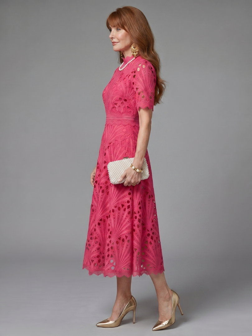 Tabitha Short Sleeve Eyelet Lace Fitted Waist Midi Dress