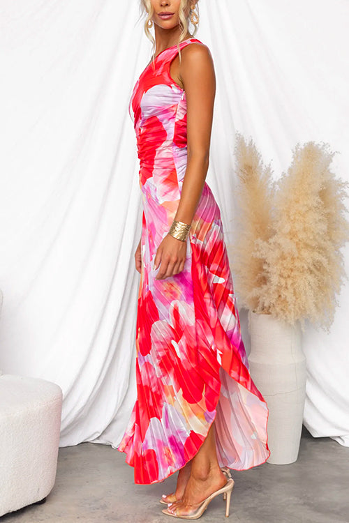 Celeste Vibrant Tropical Evening Dress with One-Shoulder Neckline
