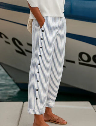 Megan trousers side button detail on the leg