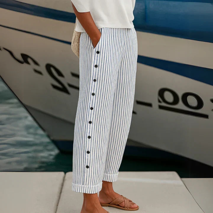 Megan trousers side button detail on the leg