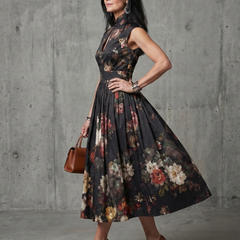 Amara High Neck Keyhole Floral Pleated Midi Dress