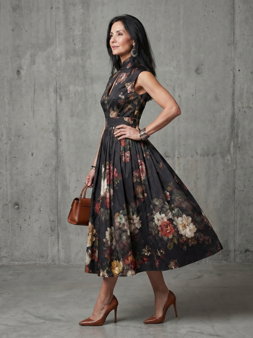Amara High Neck Keyhole Floral Pleated Midi Dress