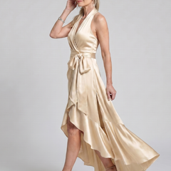 Honora Halter Neck Wrap Asymmetric Hem Midi Dress