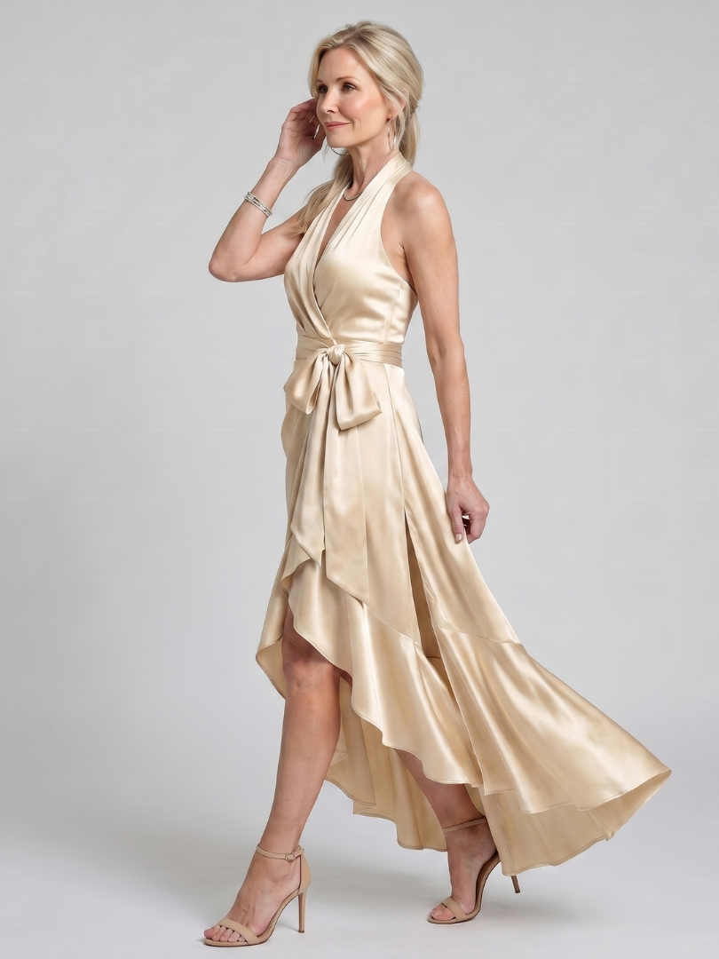 Honora Halter Neck Wrap Asymmetric Hem Midi Dress