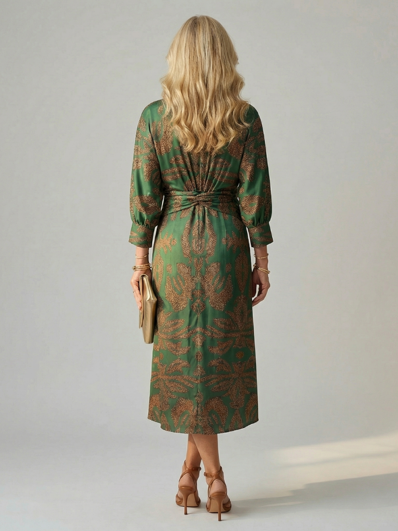 Lune Natural Wrap Midi Dress with Long Sleeves