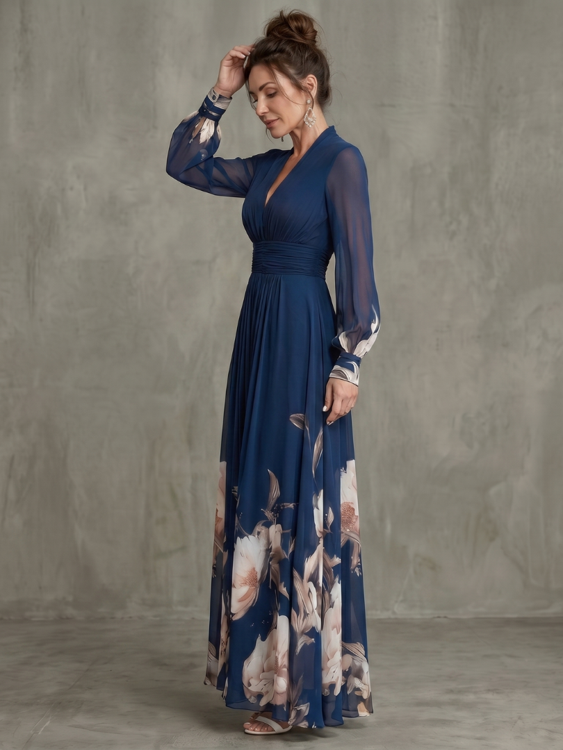 Ziva Pleated Sheer Sleeves Maxi Dress