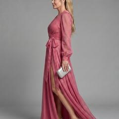 Meredith Long Sleeve Wrap Sheer Flowing Maxi Dress