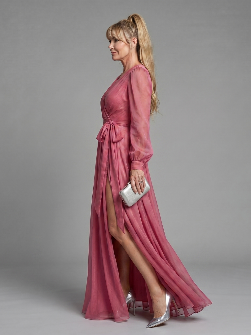 Meredith Long Sleeve Wrap Sheer Flowing Maxi Dress