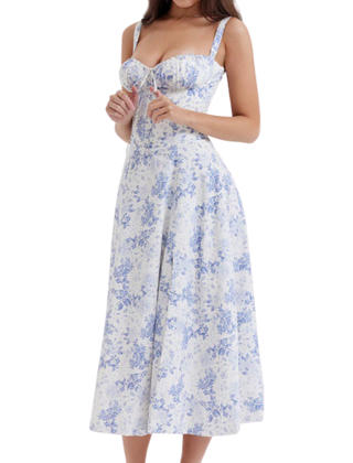 Corset bodice midi dress shown from the front