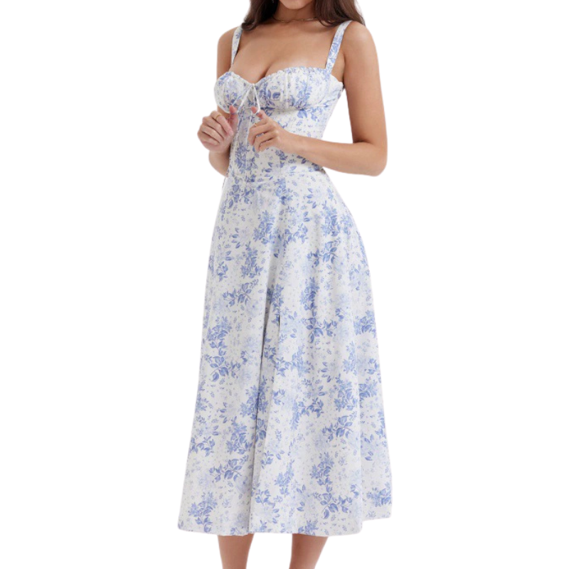 Corset bodice midi dress shown from the front