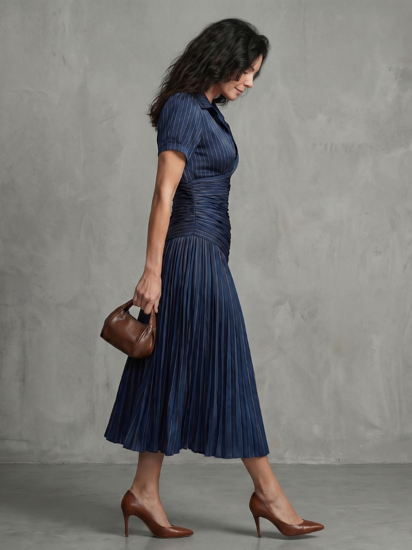 Theodora Pleated Waistline Stripe Midi Dress