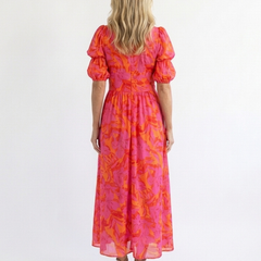 Naomi Floral V Neck Puff Sleeve Midi Dress