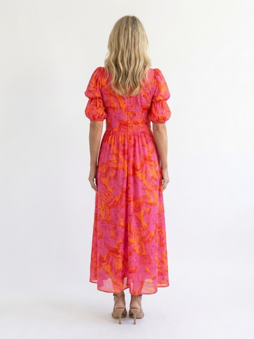 Naomi Floral V Neck Puff Sleeve Midi Dress