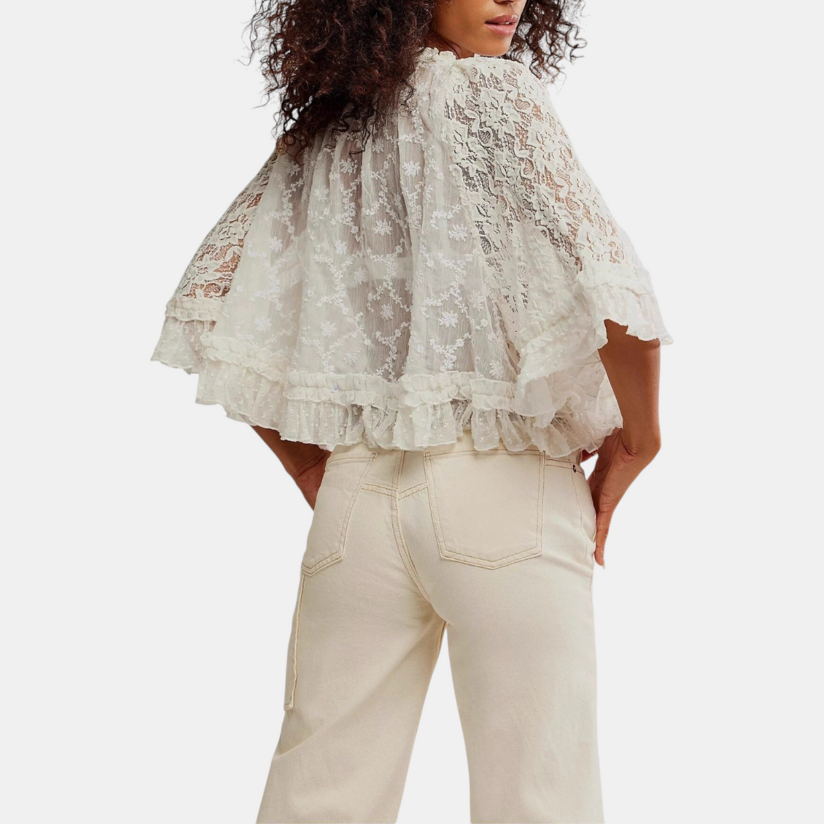 Women's Lace Hollow Out Flared Sleeve Sheer Cropped Top