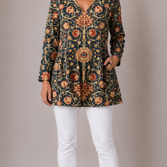 Lilian long blouse in a multicoloured print, front view