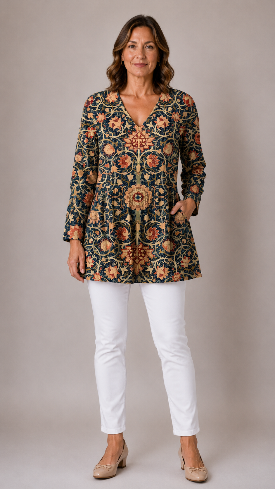 Lilian long blouse in a multicoloured print, front view