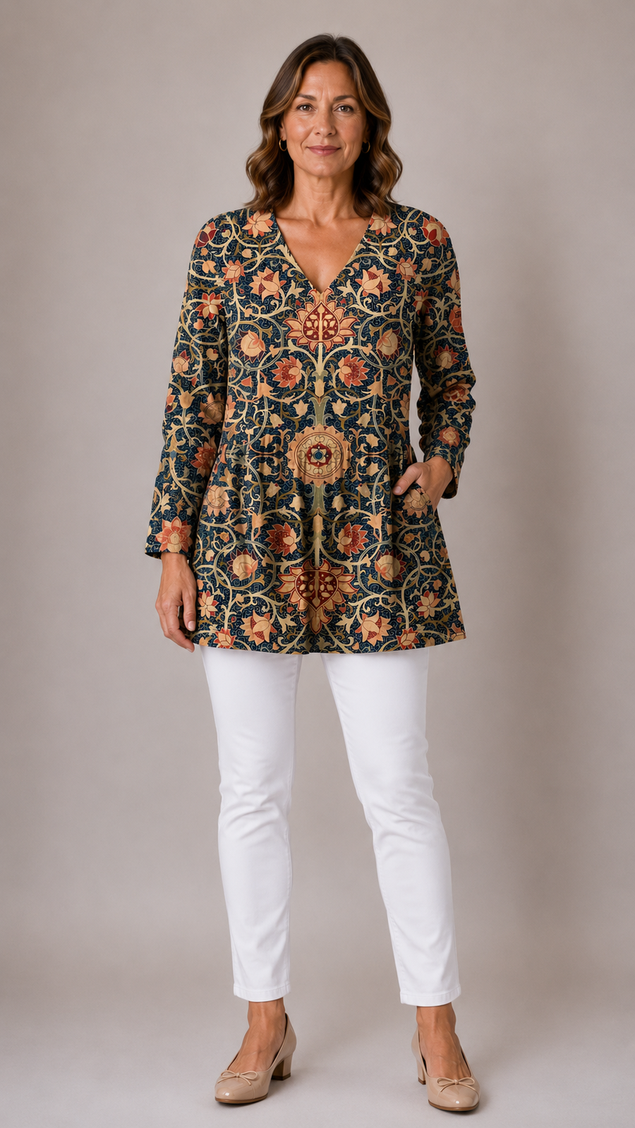 Lilian long blouse in a multicoloured print, front view
