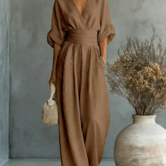 Elodie wide-leg linen jumpsuit in dark brown