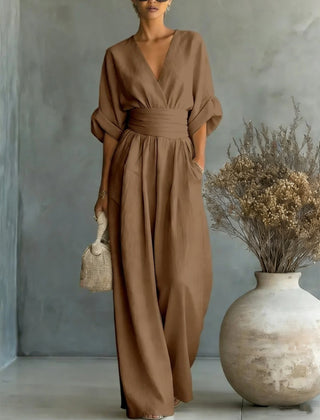 Elodie wide-leg linen jumpsuit in dark brown