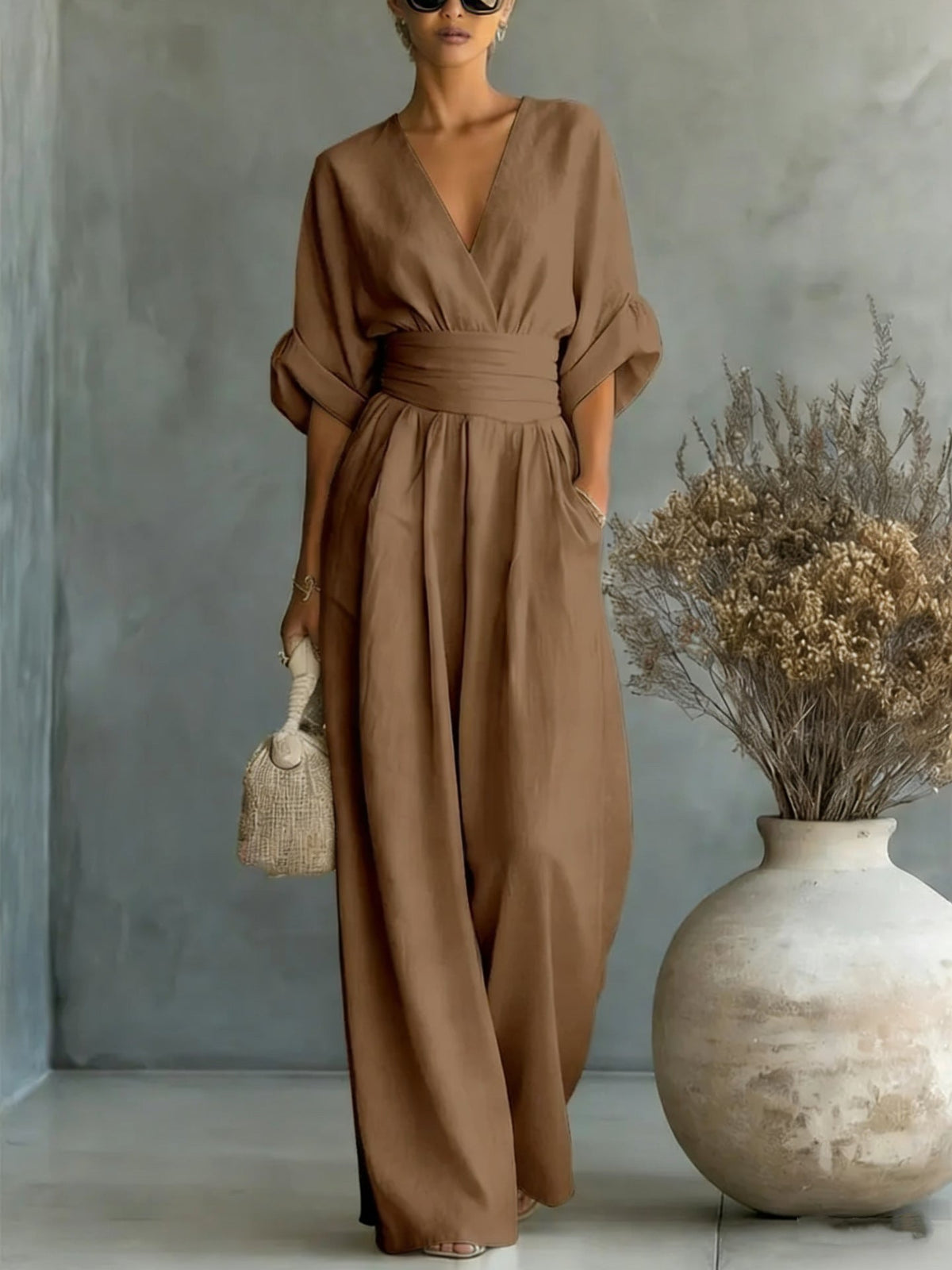 Elodie wide-leg linen jumpsuit in dark brown
