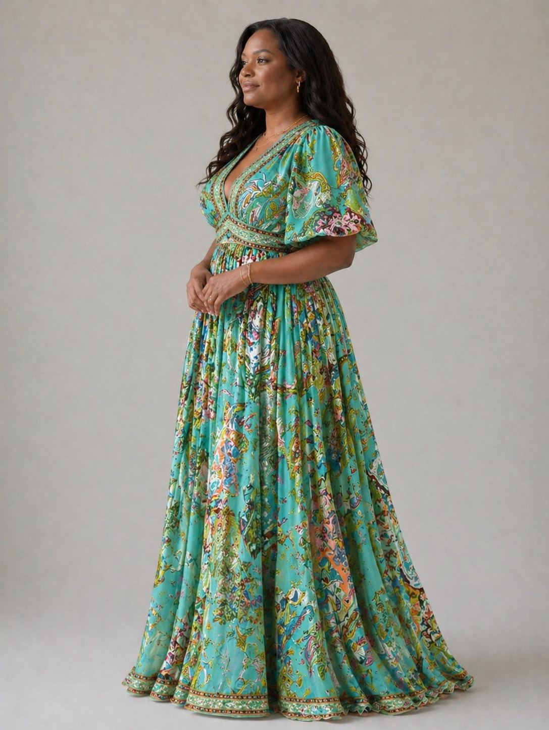 Amelia Airy Maxi Dress With Puff Sleeves And V-Neck