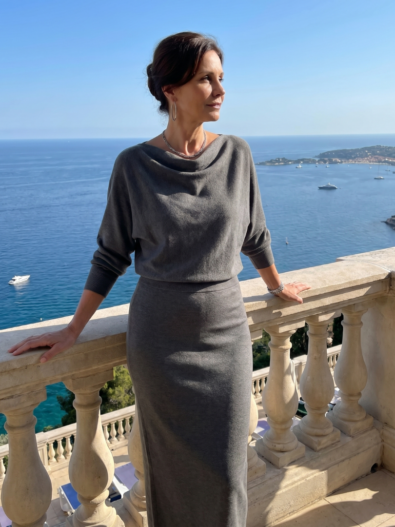 Ursula Draped Neckline Fitted Skirt Midi Dress