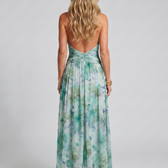 Portia Pleated Halter Soft Floral Pattern Midi Dress